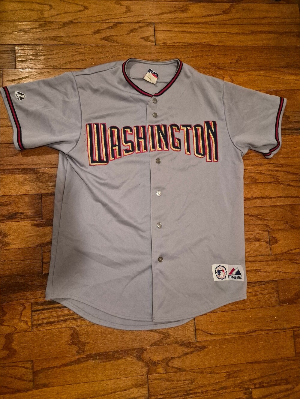 Washington Nationals Mens Sz Large Gray Majestic Jersey with Red-Navy Trim